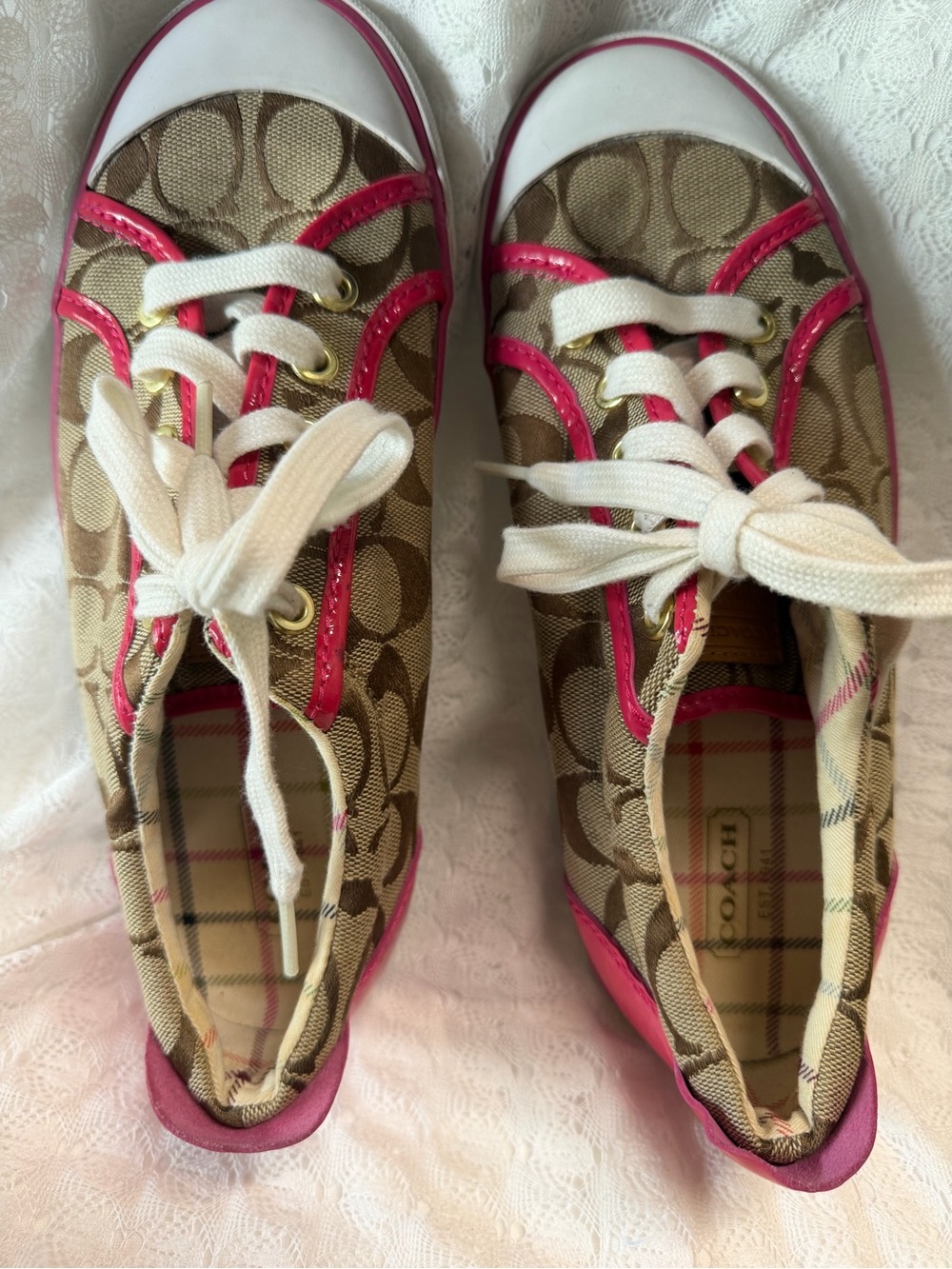 Coach Brown Signature Canvas Sneakers with Pink Trim - Picture 5 of 12